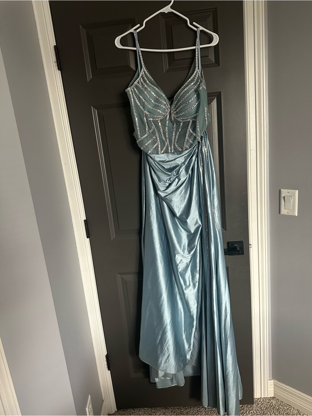 Ice Blue Beaded Prom Gown with Draped Skirt